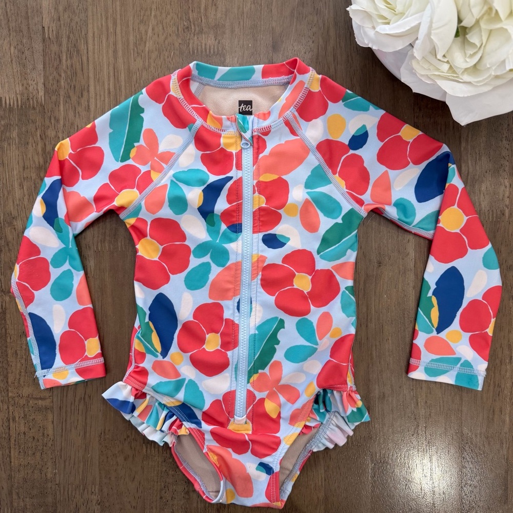 Tea Collection Girls' Floral Long Sleeve Rash Guard Swimsuit - Multi